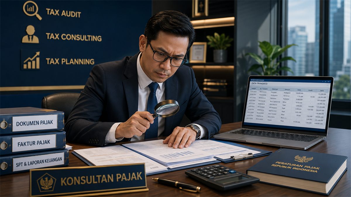 Konsultan pajak memeriksa dokumen dengan teliti di kantor
